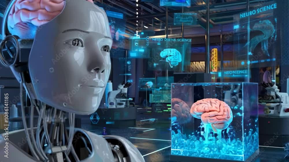 Poster a futuristic lab featuring a robot and a brain display, emphasizing neuroscience and technology.