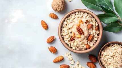 Fototapeta premium Oatmeal topped with a layer of seeds and nuts, close-up view showcasing detailed texture for a food background