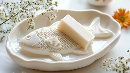 Unique fish-shaped soap dish with textured ridges and a bar of soap placed on it, enhancing bathroom decor and organization