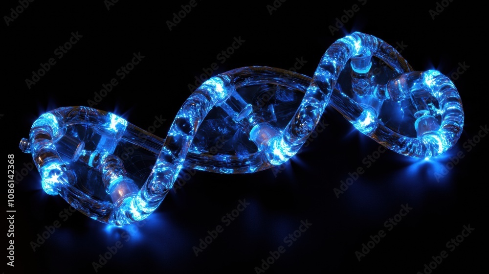 Fototapete An illuminated DNA double helix model highlights the complex formation of genetic material, glowing in vibrant colors with a dark backdrop. Generative AI