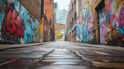 Fototapeta premium A narrow alleyway with colorful graffiti art on the walls and cobblestone pavement.