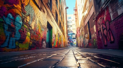 Naklejka premium A narrow alleyway with colorful graffiti art on the walls, creating a vibrant and urban atmosphere. The sunlight shines through the alley, illuminating the brick walls and cobblestone ground.
