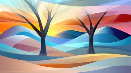 Blossoming Trees Under a Vibrant Winter Sunset in Synthetic Cubism Style