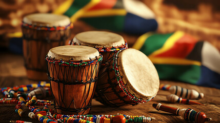 Celebrating South African Freedom Day with vibrant African drums and colorful beaded accessories in a cultural setting