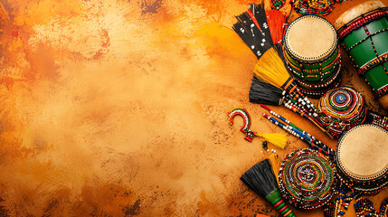 Celebrating South African Freedom Day with vibrant African drums and colorful beads displayed on a textured background