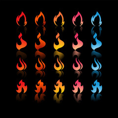 25 fire icons with varying gradients and shapes in colors ranging from red, orange, yellow, pink, to blue for Game Development Elements, Graphic Design, Animation and Video.