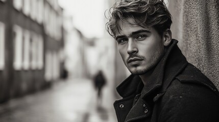 Obraz premium Monochrome portrait of a handsome young man leaning against a wall in a city street.