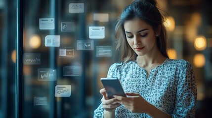 Young woman using smartphone, digital data overlay.
