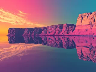 Selbstklebende Fototapeten A breathtaking panoramic sunset landscape with cliffs reflecting in tranquil waters, embodying spiritual zen in abstract design © Hatar