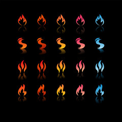 25 fire icons with varying gradients and shapes in colors ranging from red, orange, yellow, pink, to blue for Game Development Elements, Graphic Design, Animation and Video.