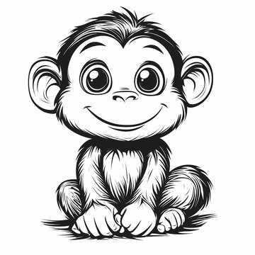 recommend clip art: Kids coloring page with a monkey, black and white, simple line art style