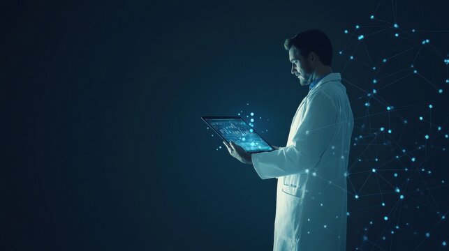 The doctor in a white coat studies a digital tablet, surrounded by glowing data points, showcasing advanced medical technology in a dark setting. Generative AI