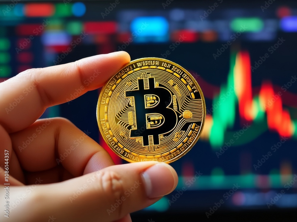 Wall mural A golden cryptocurrency coin held by fingers with digital financial charts background. The world of crypto investments featuring a golden coin and blurred digital financial screens.