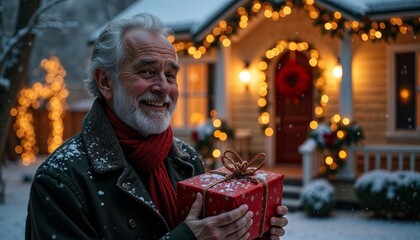 Fototapeta premium Smiling senior man holding a red gift box in a snowy yard with a warmly lit, festively decorated house in the background
