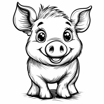 recommend clip art: Kids coloring page with a pig, black and white, simple line art style