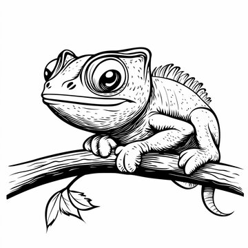 recommend clip art: Kids coloring page with a chameleon, black and white, simple line art style