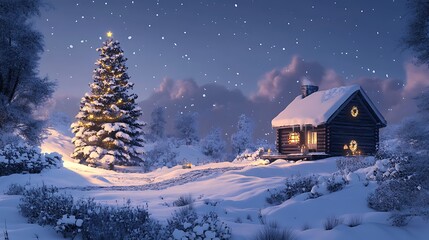 Fototapeta premium Cozy Winter Cabin Christmas Tree Snow