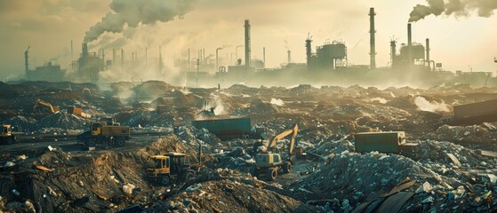 Obraz premium The consequences of pollution on Earth, showing industrial machinery, petroleum, air pollution