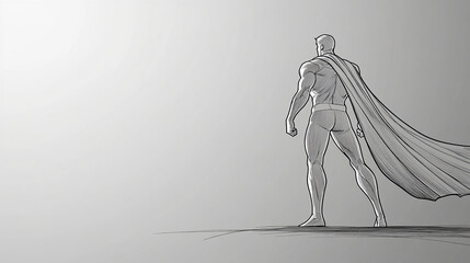 A superhero stands with his back to the viewer, cape trailing behind