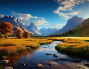 Fototapeta premium a river runs through a grassy plain with mountains in the background generative ai image