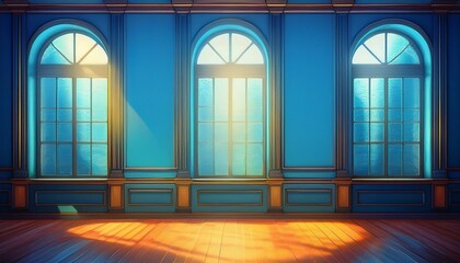 Fototapeta premium a room with three windows and a blue wall generative ai image