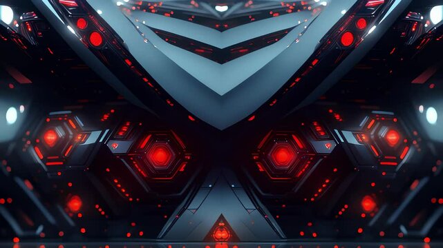 Sci-fi tech title backplate with symmetrical red and blue neon lights and metallic textures, ideal for futuristic video intros