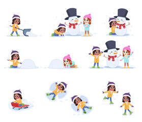 Winter Happy Kid Playing Illustration Set