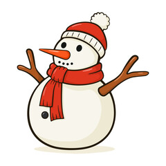 Snowman with red scarf and hat. Cartoon illustration