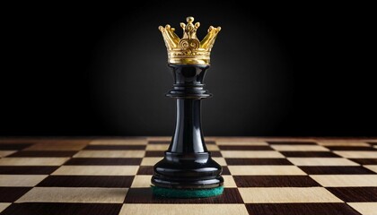 black chess queen with golden crown on chessboard