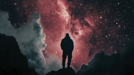 Red nebula in a night sky portrayed as a grainy film photo, adding a vintage and mysterious quality to the cosmic scene. Cosmic Nebula Dreams. Illustration