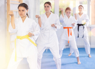 Obraz premium Concentrated teenage girl in white kimono practicing punches and blocks in gym during martial arts workout with female group. Shadow fight, combat sports training concept ..