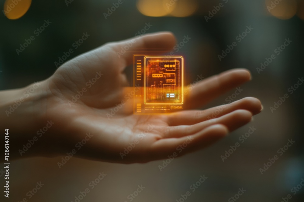 Leinwandbilder A hand displays a micro biochip that presents dynamic holographic health metrics, demonstrating advanced technology and health monitoring. Generative AI