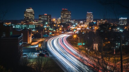Obraz premium A long exposure shot of a highway at night with blurred lights from traffic and the city skyline in the distance.