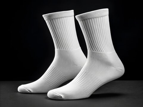 Mockup of two white cotton socks on a black background. Template for designs.