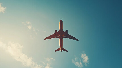 An airplane flies against a partly cloudy blue sky