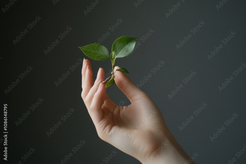 Aufkleber tender hands cradling a tiny green seedling, symbolizing growth and nurturing in a calm indoor envir