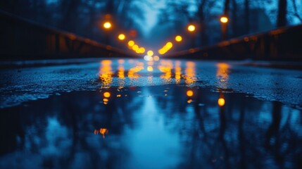 Fototapeta premium Wet road with lights reflecting in the water