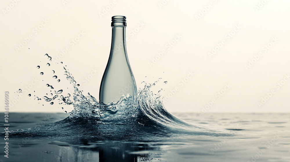 Poster an empty glass bottle falls into still water, causing a ripple effect and small splashes