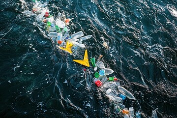 Ocean waves forming recycling arrows, marine plastic cleanup, environmental conservation art