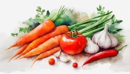 watercolor painting of fresh vegetables carrots tomatoes peppers garlic and chilies