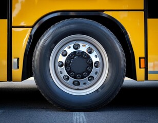 zoomed in view of a bus wheel and tire tread pattern