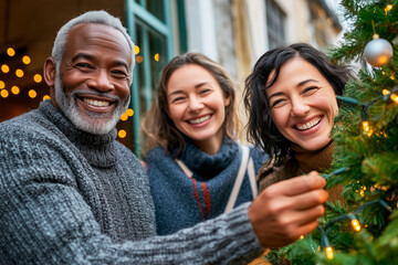 Decorating the Christmas Tree: A Multigenerational Family Tradition, Multigenerational family decorating a Christmas tree together, placing ornaments and string lights, 