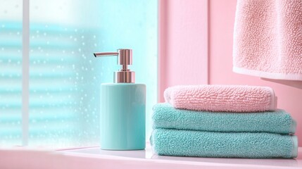 Pastel-hued bathroom essentials arranged on windowsill: mint soap dispenser, folded turquoise towels, and pink washcloth, with rainy window backdrop creating serene ambiance.