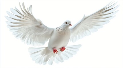 Obraz premium Majestic white dove in flight, wings fully extended against pure white background, symbolizing peace and freedom. Red feet contrast beautifully with pristine feathers.