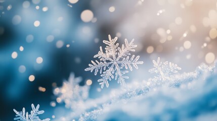 A macro shot of a delicate snowflake on a snowy surface, with a blurred background of falling snow and bokeh lights.