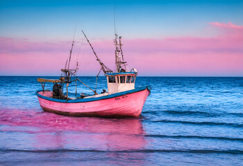 Naklejka premium Fishing boat on sea in morning. Food industry