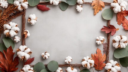 Fototapeta premium Rustic autumn frame with cotton bolls, eucalyptus leaves, and vibrant fall foliage on neutral background, creating a cozy seasonal border design.