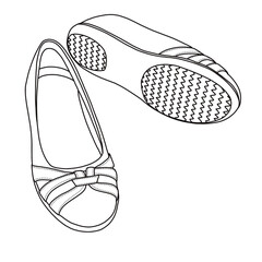 Women’s Ballet Flats, Comfortable Round Toe Slip on Dressy Work Office Shoes with Arch Support Line art, Technical sketch hand drawing outline vector doodle front and bottom view isolated on white