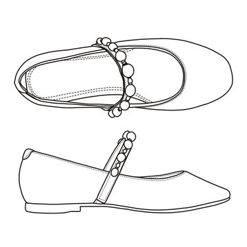 recommend clip art: Women’s Sparkly Pearl Ballet Flats with Buckle Strap Shoes Slip On Line art, Technical sketch hand drawing outline vector doodle top and side view isolated on white background