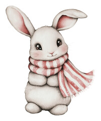 Obraz premium PNG Cute rabbit wearing a pink scarf in winter setting